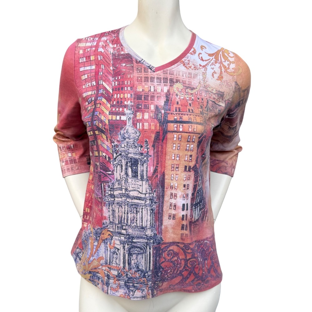 Alia V-Neck Cityscape Graphic Top Rhinestone Accents Terracotta Citycore M